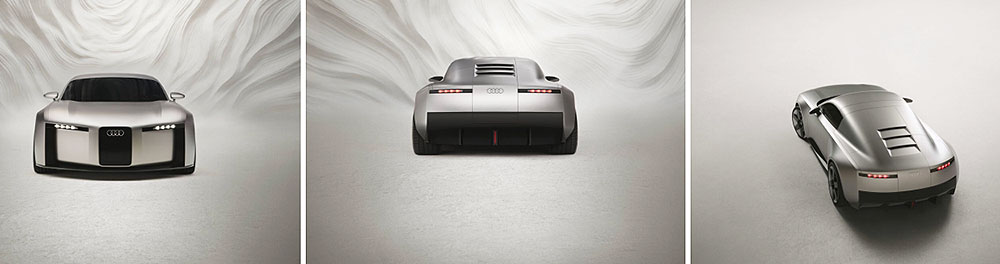 Audi Concept C electric sports car shown from the front, rear, and three-quarter angle, highlighting its sleek titanium body and minimalist design.