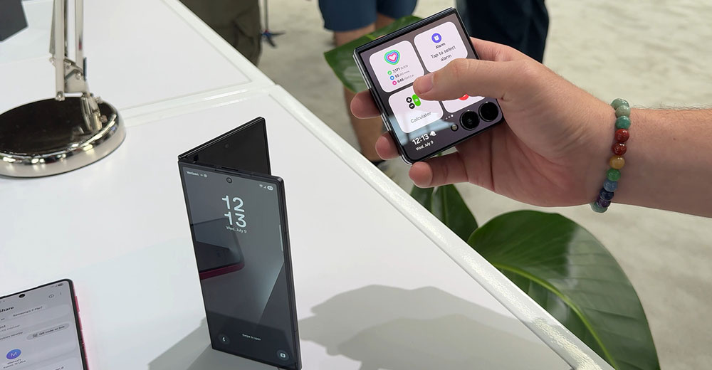 Samsung Galaxy Z Fold7 shown unfolded during a hands-on demo at Unpacked 2025, highlighting its large display and multitasking interface.