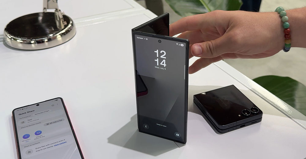 Close-up of the Samsung Galaxy Z Fold7’s redesigned hinge and side profile, highlighting the device’s slim folded form and engineering detail.