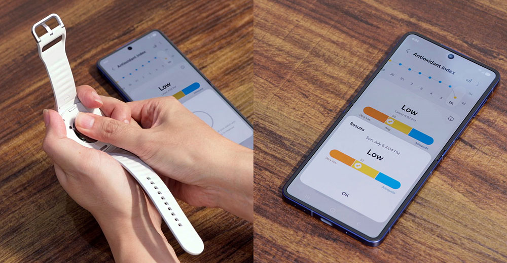 Smartphone running the Samsung Health app shows Antioxidant Index results from Galaxy Watch8, highlighting the device’s new carotenoid-based wellness feature.