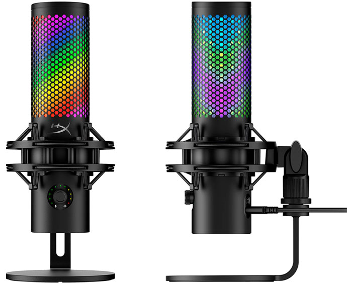 HyperX QuadCast 2 S USB microphone, front and side views