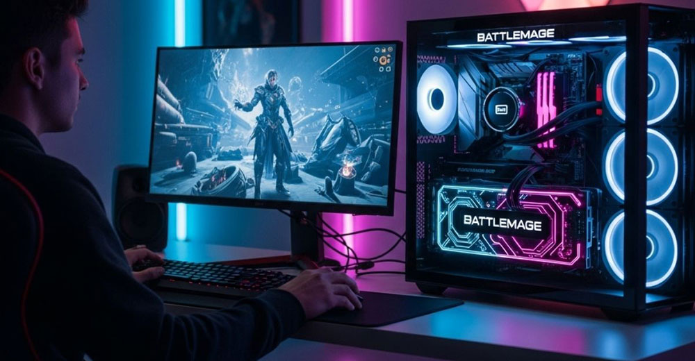 Intel Battlemage GPU visual concept highlighting AI-enhanced gaming capabilities