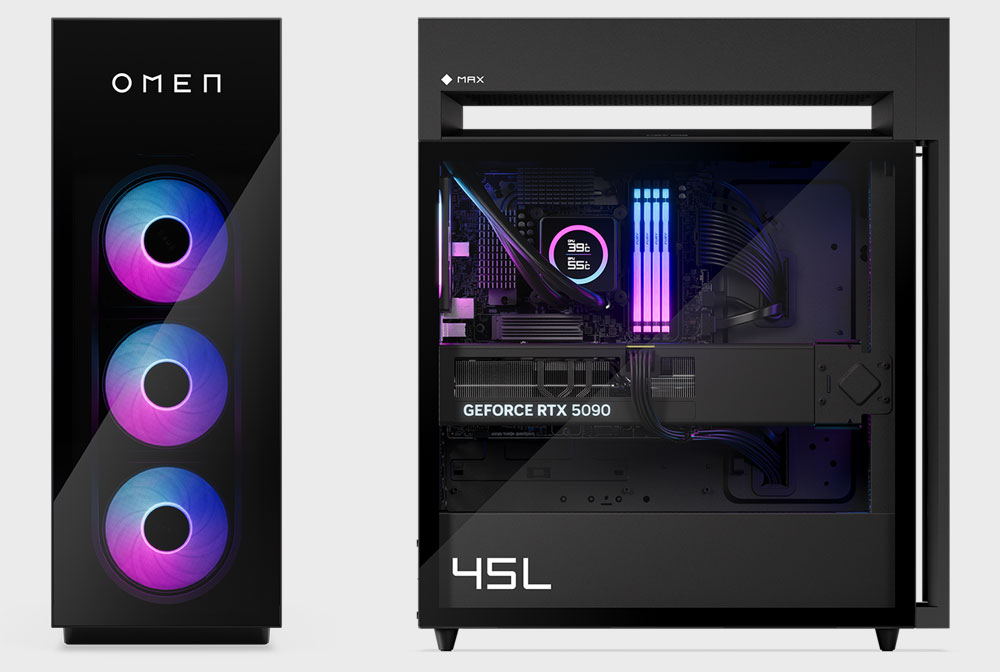 HP’s Omen Max 45L gaming desktop showcases triple front RGB fans and a side window view of its GeForce RTX 5090-powered interior with next-gen liquid cooling.
