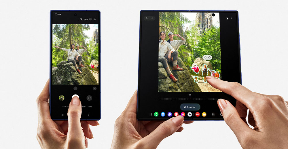 Samsung Galaxy Z Fold7 shown folded and unfolded, with a vivid AI-enhanced photo displayed on the main screen to highlight the device’s 200MP camera and ProVisual Engine.