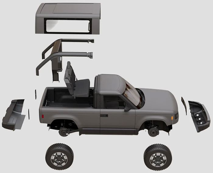 Exploded view of Slate electric pickup truck showing modular components including removable roof, side panels, seats, and wheels.
