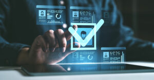 Digital KYC verification with hand interacting on holographic interface