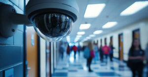 Dome security camera in a school hallway with students walking in the background.