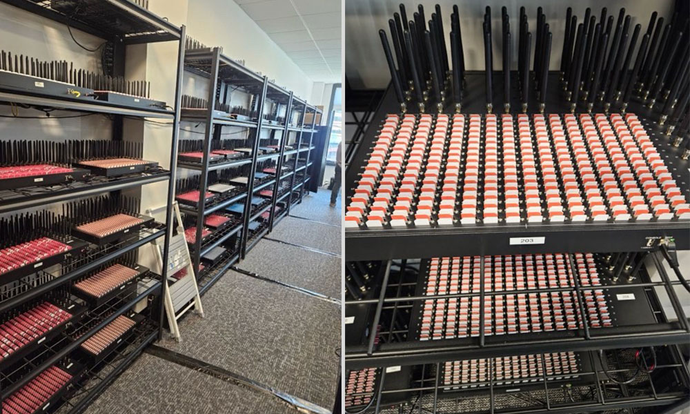 SIM boxes on shelves and close-up of SIM cards seized by the U.S. Secret Service in the New York tristate area